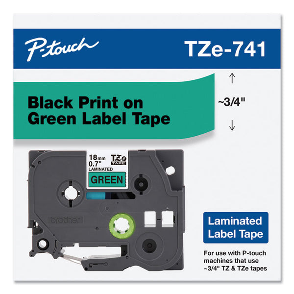 Brother P-Touch® TZe Standard Adhesive Laminated Labeling Tape, 0.7" x 26.2 ft, Black on Green (BRTTZE741)