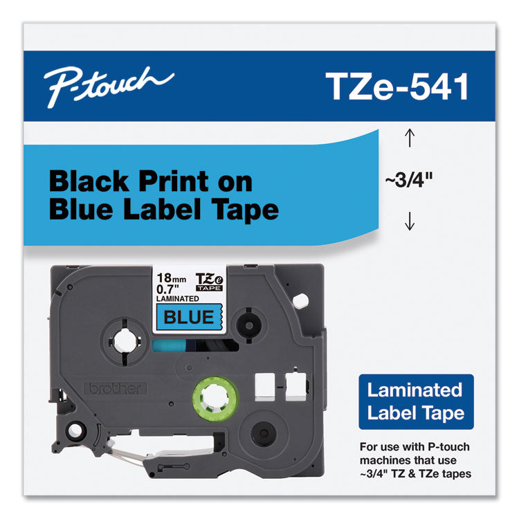 Brother P-Touch® TZe Standard Adhesive Laminated Labeling Tape, 0.7" x 26.2 ft, Black on Blue (BRTTZE541)