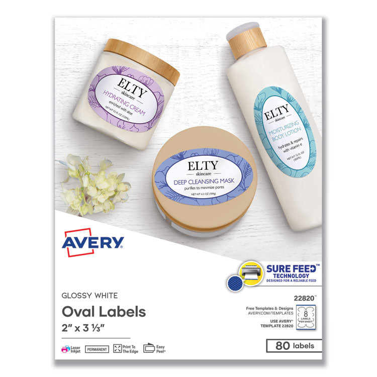 Avery® Oval Labels w/ Sure Feed and Easy Peel, 2 x 3.33, Glossy White, 80/Pack (AVE22820)