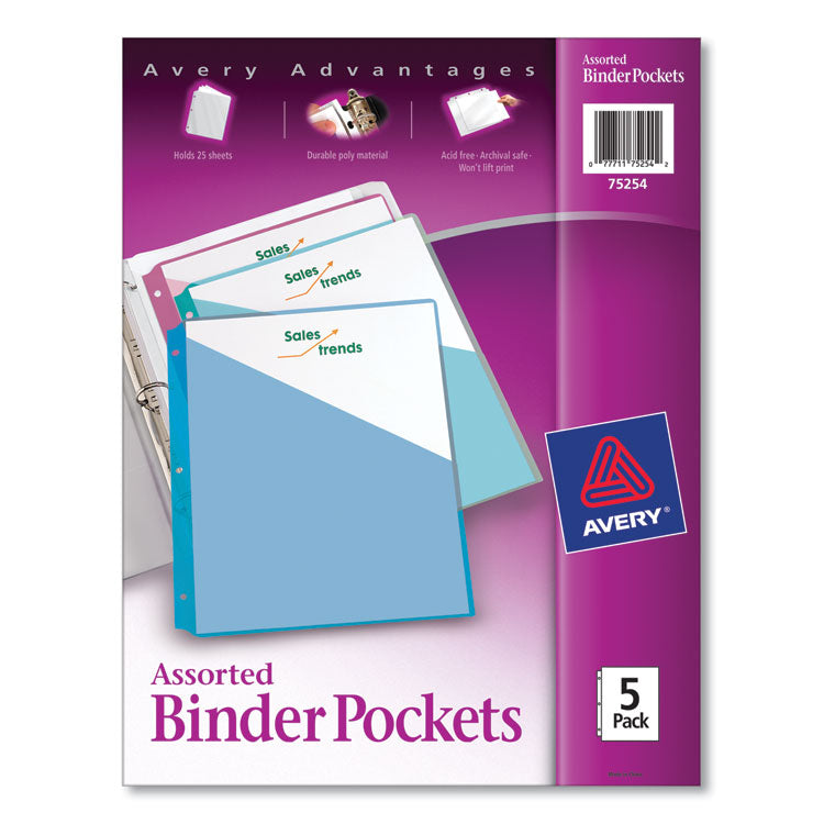 Avery® Binder Pockets, 3-Hole Punched, 9.25 x 11, Assorted Colors, 5/Pack (AVE75254)