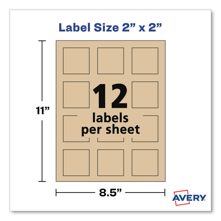 Avery® Square Print-to-the-Edge Labels, Inkjet/Laser Printers, 2 x 2, Kraft Brown, 12/Sheet, 25 Sheets/Pack (AVE22846)