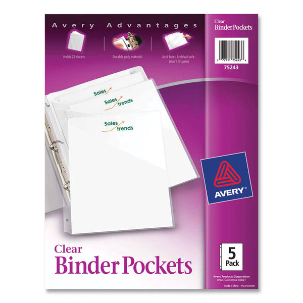 Avery® Binder Pockets, 3-Hole Punched, 9.25 x 11, Clear, 5/Pack (AVE75243)