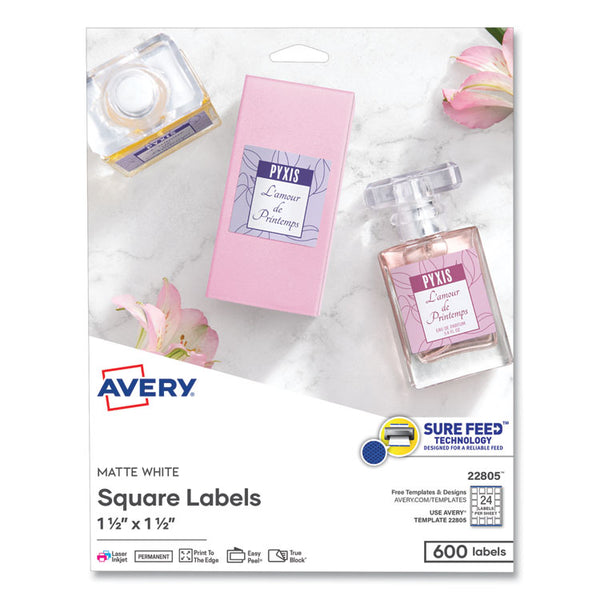 Avery® Square Labels with Sure Feed and TrueBlock, 1.5 x 1.5, White, 600/Pack (AVE22805)