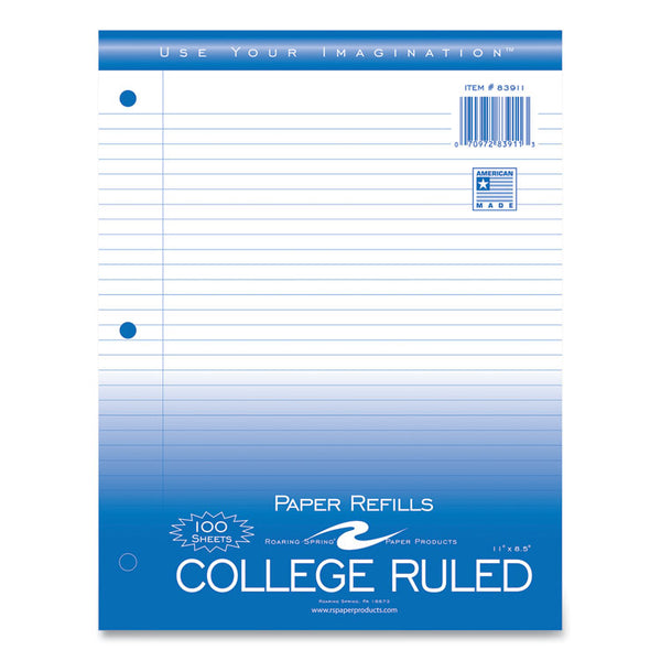 Roaring Spring® Notebook Filler Paper, 3-Hole, 8.5 x 11, College Rule, 100/Pack (ROA83911) Pack of 100