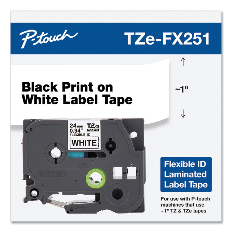 Brother P-Touch® TZe Flexible Tape Cartridge for P-Touch Labelers, 0.94" x 26.2 ft, Black on White (BRTTZEFX251)