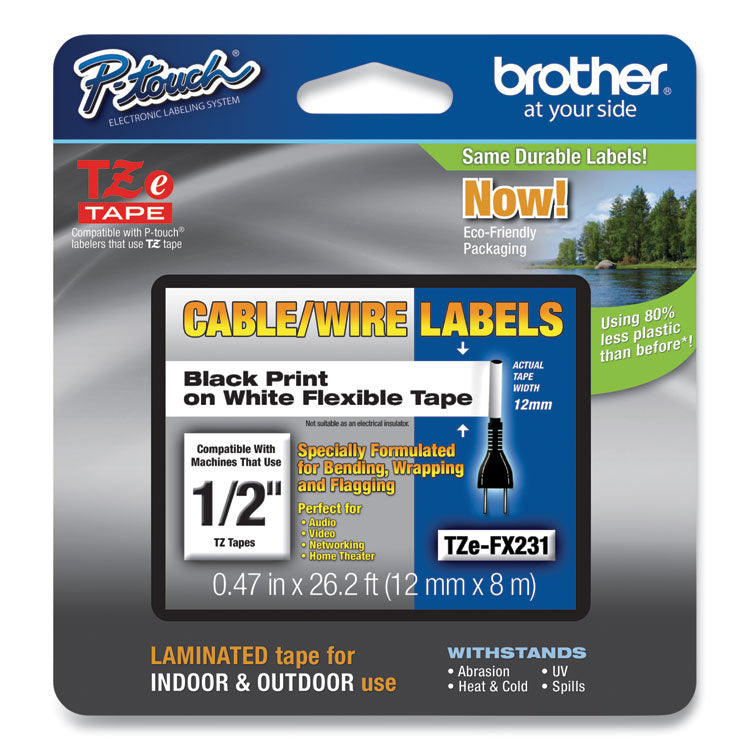 Brother P-Touch® Flexible ID Tape, 0.47" x 26.2 ft, Black on White (BRTTZEFX231)