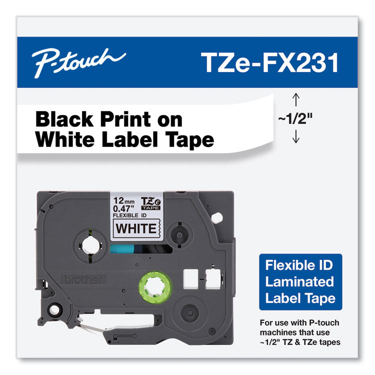 Brother P-Touch® Flexible ID Tape, 0.47" x 26.2 ft, Black on White (BRTTZEFX231)