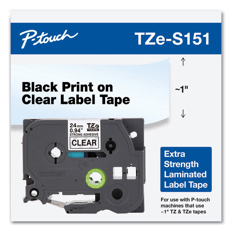 Brother P-Touch® TZe Extra-Strength Adhesive Laminated Labeling Tape, 0.94" x 26.2 ft, Black on Clear (BRTTZES151)