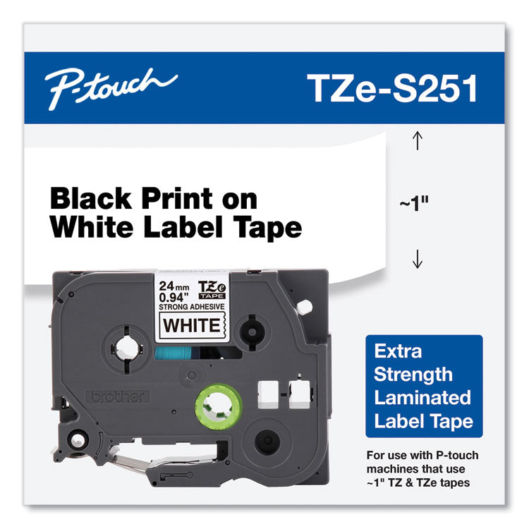 Brother P-Touch® TZe Extra-Strength Adhesive Laminated Labeling Tape, 0.94" x 26.2 ft, Black on White (BRTTZES251)