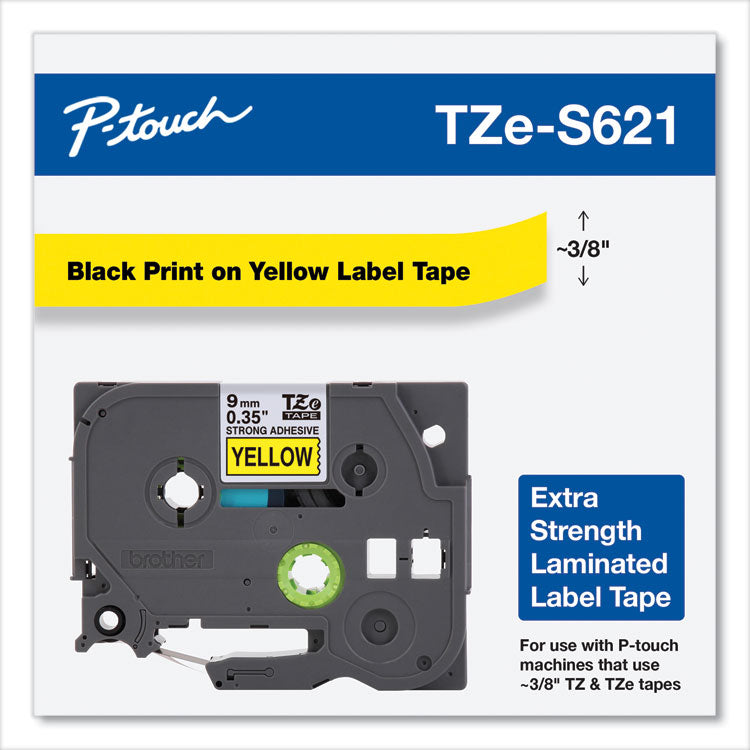 Brother P-Touch® TZe Extra-Strength Adhesive Laminated Labeling Tape, 0.35" x 26.2 ft, Black on Yellow (BRTTZES621)