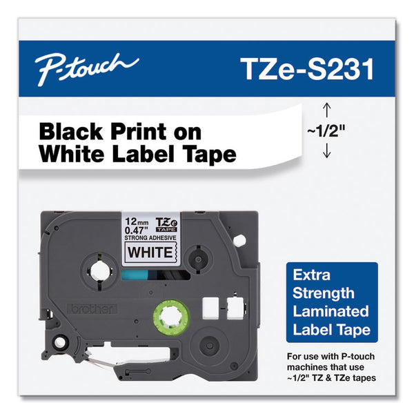 Brother P-Touch® TZe Extra-Strength Adhesive Laminated Labeling Tape, 0.47" x 26.2 ft, Black on White (BRTTZES231)