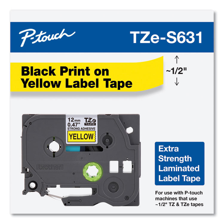 Brother P-Touch® TZe Extra-Strength Adhesive Laminated Labeling Tape, 0.47" x 26.2 ft, Black on Yellow (BRTTZES631)