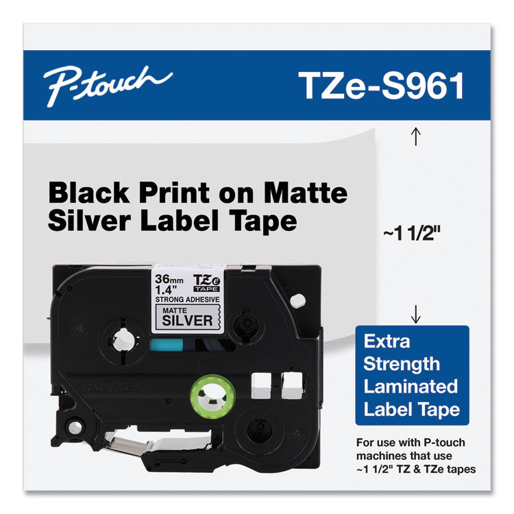 Brother P-Touch® TZ Extra-Strength Adhesive Laminated Labeling Tape, 1.4" x 26.2 ft, Black on Matte Silver (BRTTZES961) Each