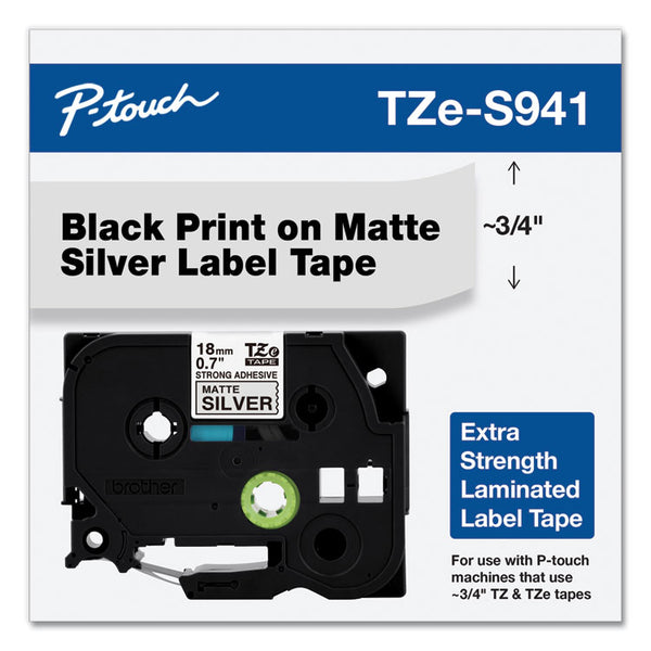 Brother P-Touch® TZ Extra-Strength Adhesive Laminated Labeling Tape, 0.7" x 26.2 ft, Black on Matte Silver (BRTTZES941)