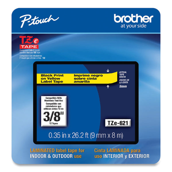 Brother P-Touch® TZe Laminated Removable Label Tapes, 0.35" x 26.2 ft, Black on Yellow (BRTTZE621CS)