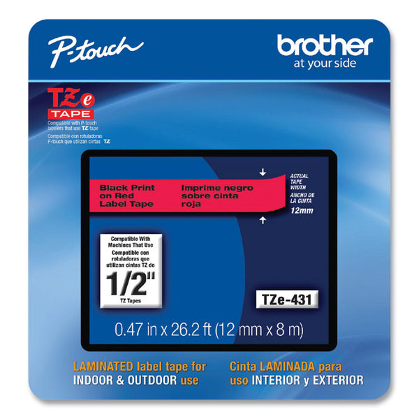 Brother P-Touch® TZe Laminated Removable Label Tapes, 0.47" x 26.2 ft, Black on Red (BRTTZE431CS)