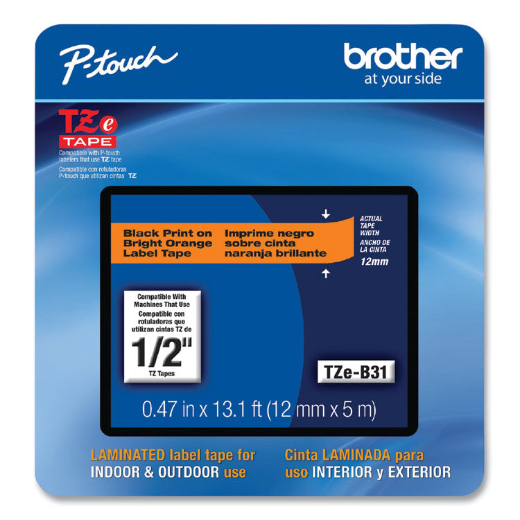 Brother P-Touch® TZe Laminated Removable Label Tapes, 0.47" x 26.2 ft, Black on Orange (BRTTZEB31CS) Each