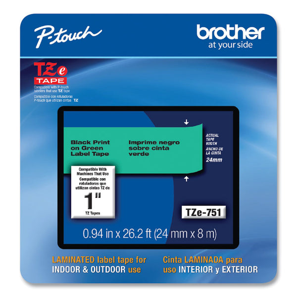 Brother P-Touch® TZe Laminated Removable Label Tapes, 0.94" x 26.2 ft, Black on Green (BRTTZE751CS)