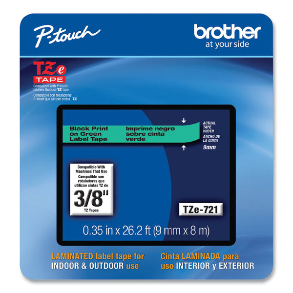 Brother P-Touch® TZe Laminated Removable Label Tapes, 0.35" x 26.2 ft, Black on Green (BRTTZE721CS)