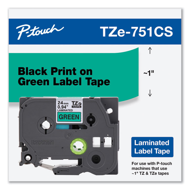 Brother P-Touch® TZe Laminated Removable Label Tapes, 0.94" x 26.2 ft, Black on Green (BRTTZE751CS)