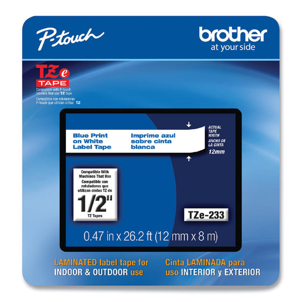 Brother P-Touch® TZe Laminated Removable Label Tapes, 0.47" x 26.2 ft, Blue on White (BRTTZE233CS)