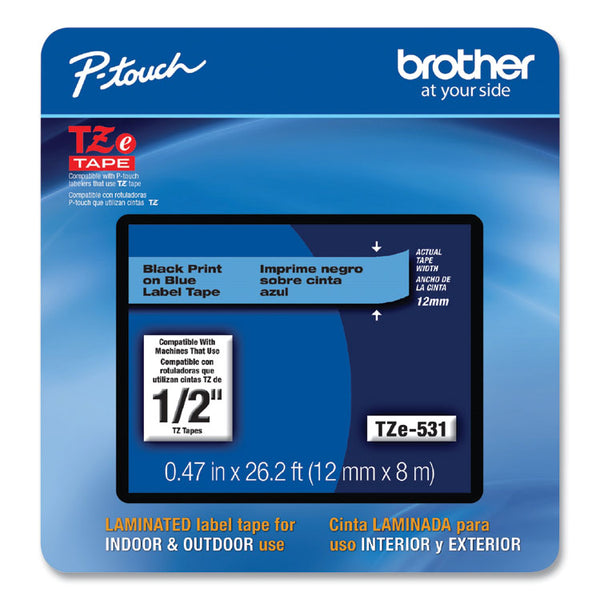 Brother P-Touch® TZe Laminated Removable Label Tapes, 0.47" x 26.2 ft, Black on Blue (BRTTZE531CS)