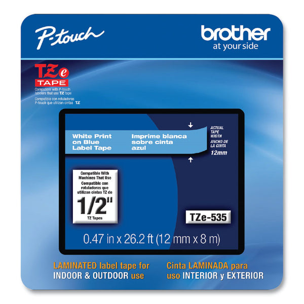 Brother P-Touch® TZe Laminated Removable Label Tapes, 0.47" x 26.2 ft, White on Blue (BRTTZE535CS)