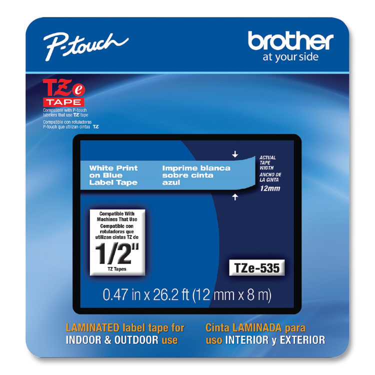Brother P-Touch® TZe Laminated Removable Label Tapes, 0.47" x 26.2 ft, White on Blue (BRTTZE535CS) Each