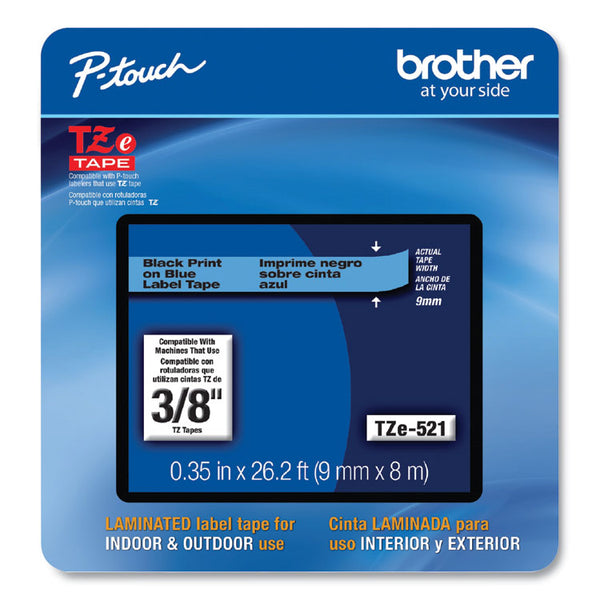 Brother P-Touch® TZe Laminated Removable Label Tapes, 0.35" x 26.2 ft, Black on Blue (BRTTZE521CS)
