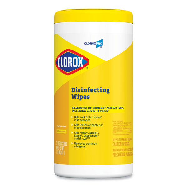 Clorox® Disinfecting Wipes, 1-Ply, 7 x 8, Lemon Fresh, White, 75/Canister, 6/Carton (CLO15948CT)