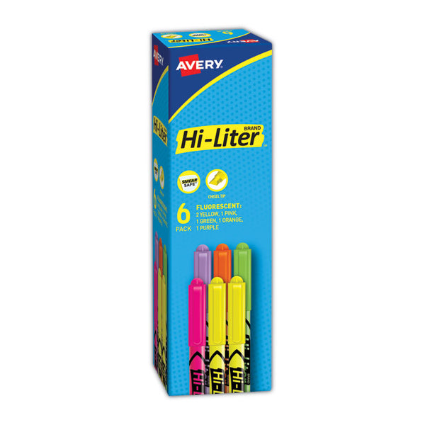 Avery® HI-LITER Pen-Style Highlighters, Assorted Ink Colors, Chisel Tip, Assorted Barrel Colors, 6/Set (AVE23565)