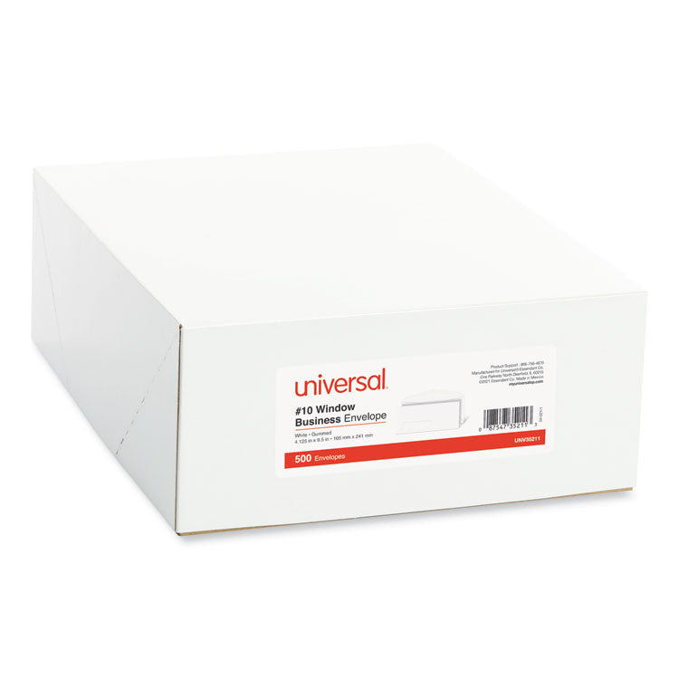 Universal® Open-Side Business Envelope, 1 Window, #10, Commercial Flap, Gummed Closure, 4.13 x 9.5, White, 500/Box (UNV35211) Box of 500 Envelopes