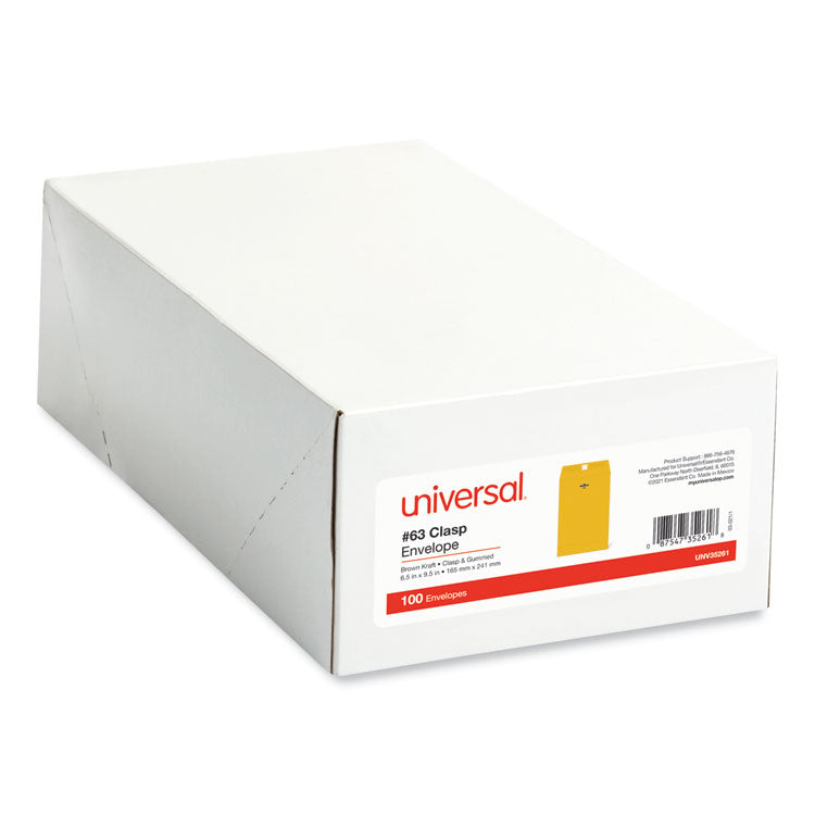 Universal® Kraft Clasp Envelope, #63, Square Flap, Clasp/Gummed Closure, 6.5 x 9.5, Brown Kraft, 100/Box (UNV35261)