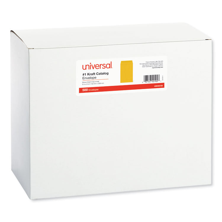 Universal® Catalog Envelope, 24 lb Bond Weight Kraft, #1, Square Flap, Gummed Closure, 6 x 9, Brown Kraft, 500/Box (UNV40105) Pack of 500
