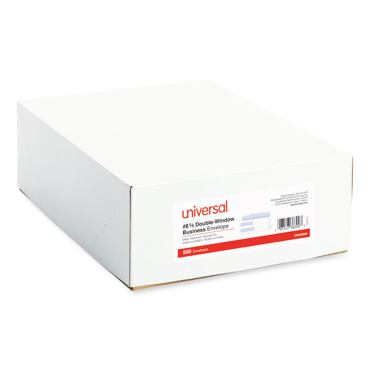 Universal® Double Window Business Envelope, #8 5/8, Commercial Flap, Gummed Closure, 3.63 x 8.63, White, 500/Box (UNV36300)