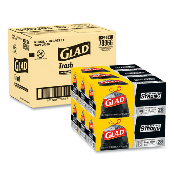 Glad® Drawstring Large Trash Bags, 30 gal, 1.05 mil, 30" x 33", Black, 15 Bags/Box, 6 Boxes/Carton (CLO78966)