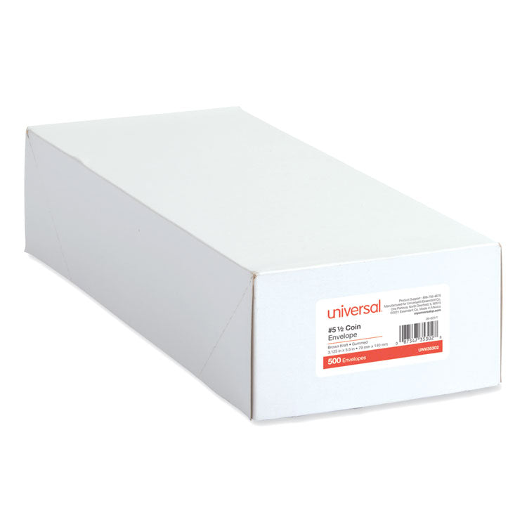 Universal® Kraft Coin Envelope, #5 1/2, Round Flap, Gummed Closure, 3.13 x 5.5, Light Brown Kraft, 500/Box (UNV35302) Box of 500