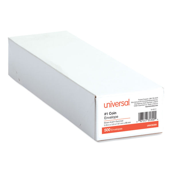 Universal® Kraft Coin Envelope, #1, Round Flap, Gummed Closure, 2.25 x 3.5, Light Brown Kraft, 500/Box (UNV35300)