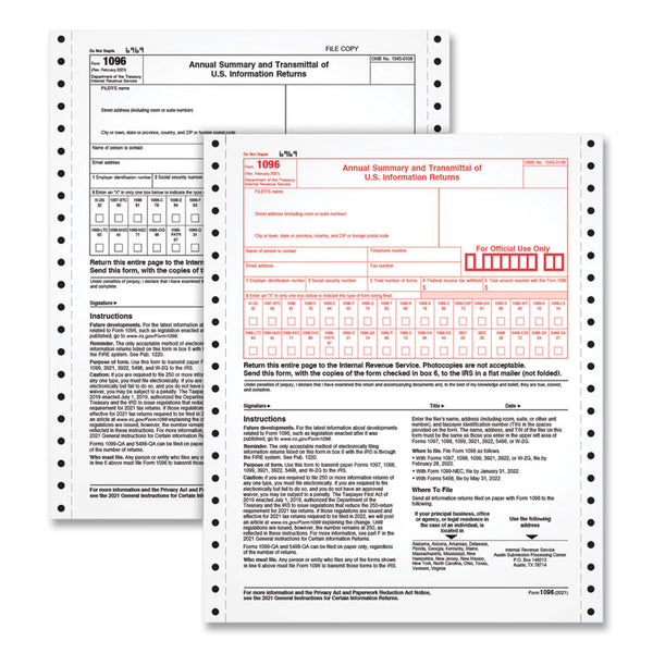 TOPS™ 1096 Tax Form for Dot Matrix Printers, Fiscal Year: 2022, Two-Part Carbonless, 8 x 11, 10 Forms Total (TOP2202) Pack of 10