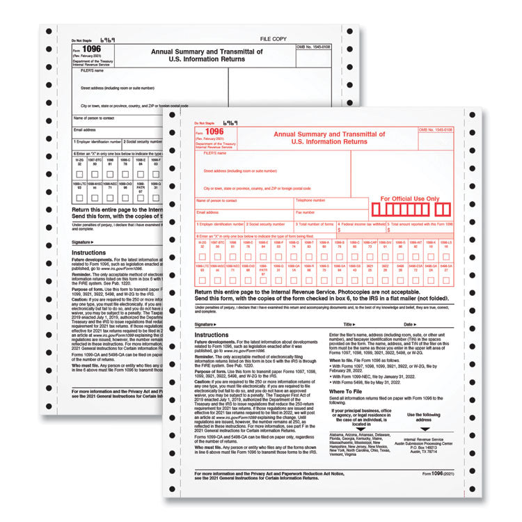 TOPS™ 1096 Tax Form for Dot Matrix Printers, Fiscal Year: 2022, Two-Part Carbonless, 8 x 11, 10 Forms Total (TOP2202) Pack of 10