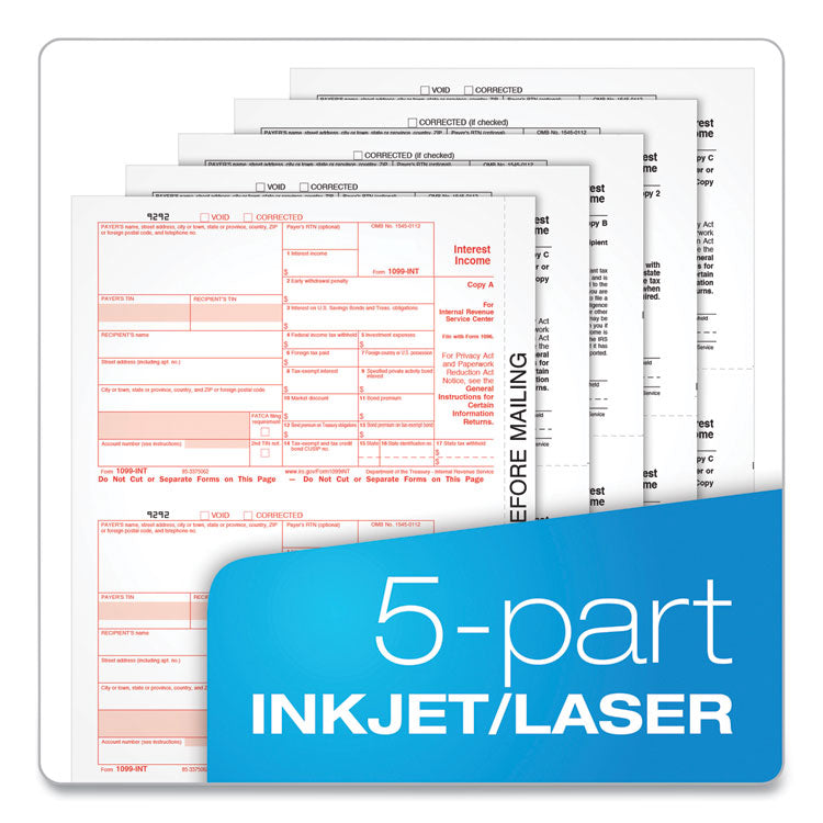 TOPS™ 1099-INT Tax Forms for Inkjet/Laser Printers, Five-Part Carbonless, 8 x 5.5, 2 Forms/Sheet, 24 Forms Total (TOP22983) Pack of 75