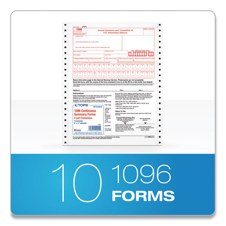 TOPS™ 1096 Tax Form for Dot Matrix Printers, Fiscal Year: 2022, Two-Part Carbonless, 8 x 11, 10 Forms Total (TOP2202) Pack of 10