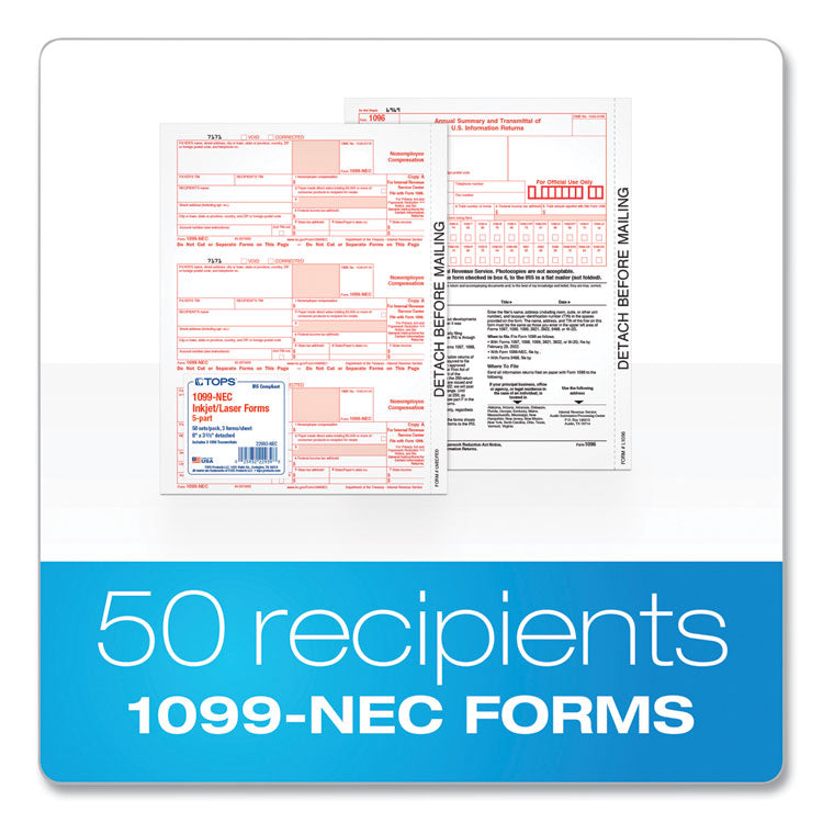 TOPS™ Five-Part 1099-NEC Tax Forms, Fiscal Year: 2023, Five-Part Carbonless, 8.5 x 3.5, 3 Forms/Sheet, 50 Forms Total (TOP22993NEC) Case Of 300