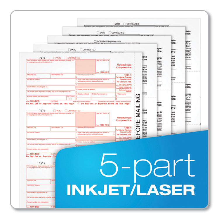 TOPS™ Five-Part 1099-NEC Tax Forms, Fiscal Year: 2023, Five-Part Carbonless, 8.5 x 3.5, 3 Forms/Sheet, 50 Forms Total (TOP22993NEC) Case Of 300