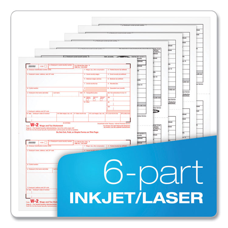 TOPS™ W-2 Tax Form for Inkjet/Laser Printers, Fiscal Year: 2022, Six-Part Carbonless, 8.5 x 5.5, 2 Forms/Sheet, 50 Forms Total (TOP22991) Pack of 50