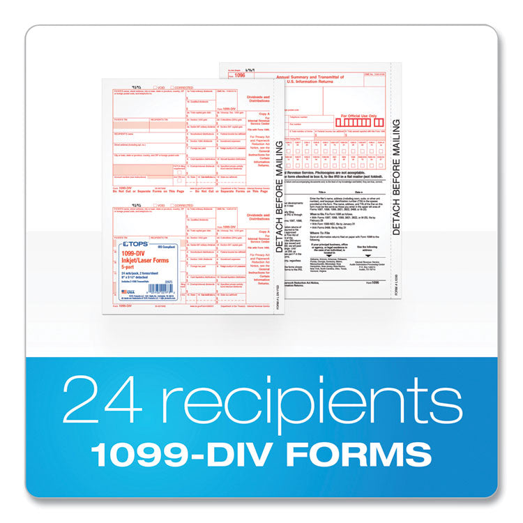 TOPS™ 1099-Div Tax Forms for Inkjet/Laser Printers, Fiscal Year: 2022, Five-Part Carbonless, 8 x 5.5, 2 Forms/Sheet, 24 Forms Total (TOP22973) Pack of 75