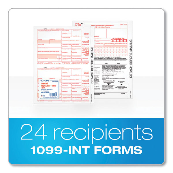 TOPS™ 1099-INT Tax Forms for Inkjet/Laser Printers, Five-Part Carbonless, 8 x 5.5, 2 Forms/Sheet, 24 Forms Total (TOP22983) Pack of 75