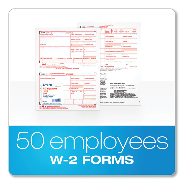 TOPS™ W-2 Tax Form for Inkjet/Laser Printers, Fiscal Year: 2022, Six-Part Carbonless, 8.5 x 5.5, 2 Forms/Sheet, 50 Forms Total (TOP22991) Pack of 50