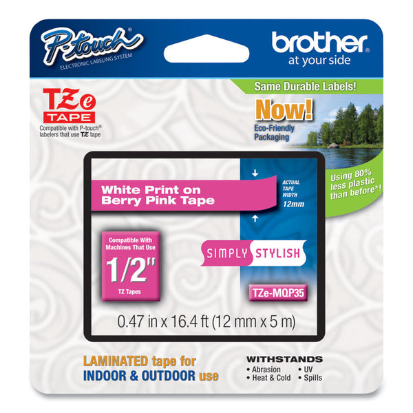 Brother P-Touch® TZ Standard Adhesive Laminated Labeling Tape, 0.47" x 16.4 ft, White/Berry Pink (BRTTZEMQP35)