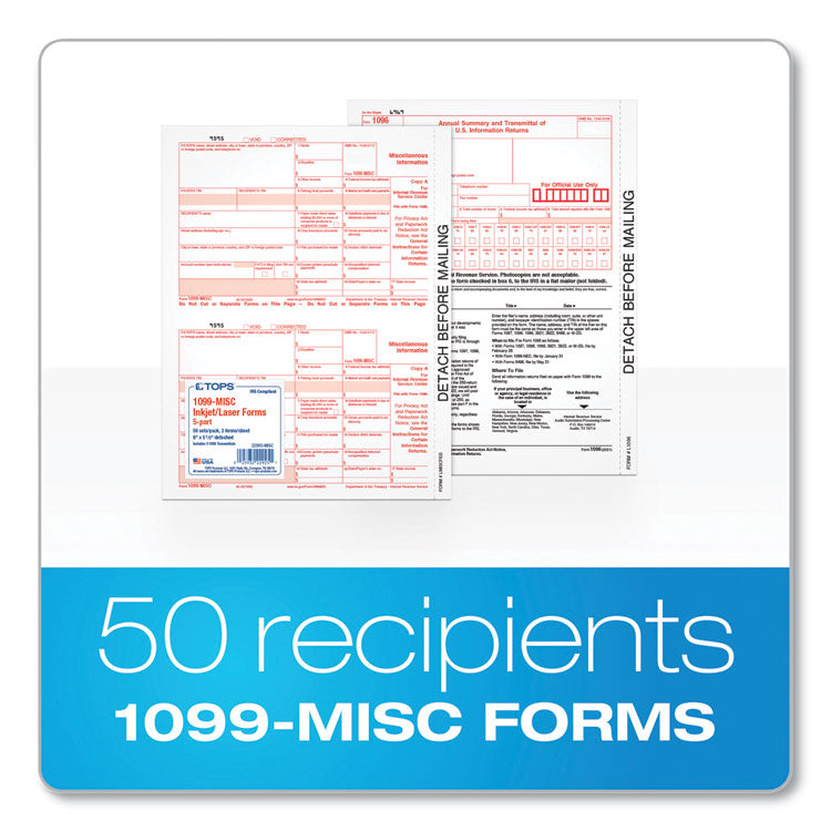 TOPS™ Five-Part 1099-MISC Tax Forms, Five-Part Carbonless, 8.5 x 5.5, 2 Forms/Sheet, 50 Forms Total (TOP22993MISC) Pack of 50